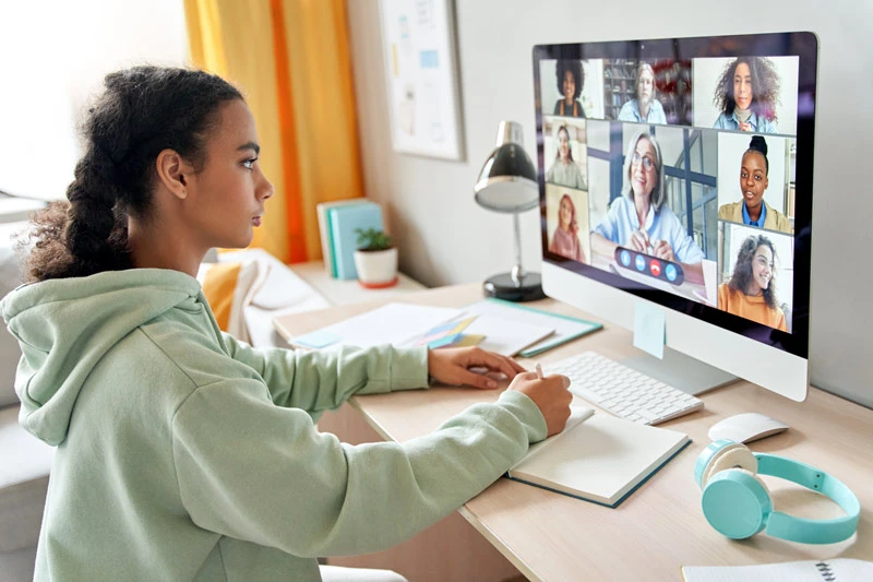 school girl college student distance learning during virtual remote class